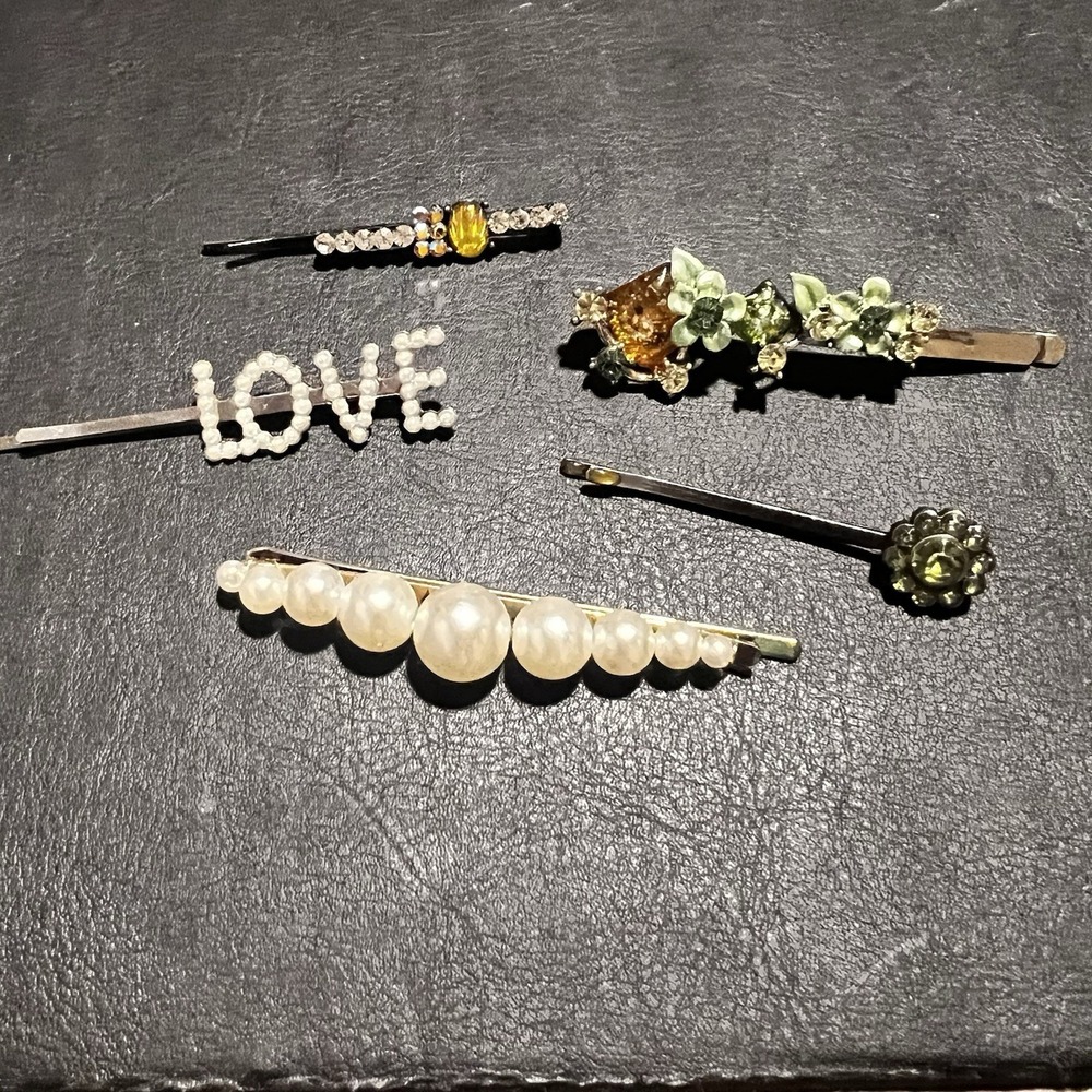 Lovely Vtg Rhinestone Pearl Hair Barrettes Clips LOT of 5 Flower Green Love